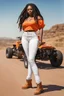 Placeholder: Create a watercolor image of a curvy African American female wearing tight white jeans and a off the shoulder orange blouse. She is also wearing timberland boots. Prominent make up with hazel eyes. Highly detailed very long extremely dread locs black hair. Her skin is smooth and silky. Background of a track of ATV riders.