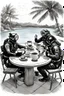 Placeholder: Drawing of 2 divers with full diving gear on, goggles, flip flops and suits are sitting outside at a round table having tea