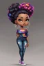 Placeholder: create a colorful abstract digital art image 8k of a chibi curvy black female wearing torn jeans pants and a black-tie dye off the shoulder blouse. Prominent make up with hazel eyes. Highly detailed high bun in her hair