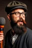 Placeholder: Man fires up with a microphone in his hand, wears glasses, hat, beard, looks like a clog.