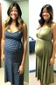 Placeholder: Gina Rodriguez in original form, brunette hair, casual attire, unaltered physique, plain maternity dress ill-fitting, loose around shoulders, no pregnancy curves, everyday features, unchanged facial expression, standard posture. The dress hangs loosely, a misfit on her unaltered silhouette, highlighting the absence of pregnancy curves and accentuating her regular frame. The changing room, well-lit, mystical symbols decorating the walls, soft ambient lighting, creating an enchanting atmosphere.