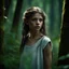 Placeholder: thin 12 year old girl with dark tangled and knotty hair and blue eyes wearing a ripped and dirty white teeshirt, in a forest , photorealistic, dark fantasy