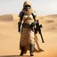 Placeholder: a female version of Mad Max in Dune stillsuit as a Tusken Sand People, holding a rifle ,in a full body dynamic pose