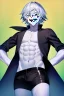 Placeholder: plauge doctor in balck leather clothes with silver hair, pale skin and bright green eyes smiling with sharp teeth, nice young face, male, viscious smile