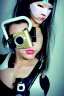 Placeholder: Cyber-punk style random-mask. Large fencing mask covers cheeks. Trim girls. Reflective white plastic skin. Camera lenses as eyes. Head full of integrated old-fashioned cameras. Golden to cyan surfaces body, latex. Perfect body, thick thighs and calves. Asa Akira. Selfies with old-fashioned cameras in both hands. Wide hip, skirt bleats nicely. Camera at mons veneris. Partly symmetrical. Cameras hanging on wide plastic belt. Euclidean 3D-tiling walls. Fractals. Chaos. Minimalism. surveillance