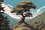 Placeholder: A tree on the top of a mountain, clear sky, comic book, forest, cinematic,