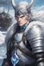 Placeholder: in anime style,1older man, a older man with blue eyes and black hair man in silver Viking armor with fur around the neck with blue crystal on necklace standing in the water holding an axe in his hands standing outside a city on an artic tundra, warrior in anime style,