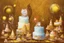 Placeholder: beautiful composition, cat birthday party with cake, watercolor and ink, golden glitters in ochre in sunshine