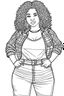 Placeholder: black curvy woman eyes front camera coloring page fashion style full body