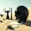 Placeholder: Dark, creepy, 3d, surreal objects in a bright environment, desert, noon light, melting cream, Yves Tanguy style