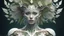 Placeholder: 3D render ultra detailed of a beauty white glossy, swoman DRYAD, from knee to head, biomechanical cyborg, analog, 35 mm lens, beautiful natural soft rim light, big leaves and stems, roots, fine foliage lace, colorful details, samourai, earring, heavely tattoed, intricate details, mesh wire, mandelbrot fractal, facial muscles, cable wires, microchip, badass, hyper realistic, ultra detailed, octane render, volumetric lighting, 8k post-production, red and white, detailled metalic bones, semi human