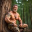 Placeholder: close up photography of an angry 55 years old seated on a tree trunk in the wood, strong chubby muscular , big shoulders, manly chest, bulging hunter camouflage trouser , shirtless, hairy , golden hour, tatoo, 35mm lens, f/1.8, accent lighting, global illumination, frontal view from the ground