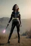 Placeholder: retro portrait image from 1960, explosion background, long hair, young Scarlett Johansson, classic black tight lycra suit, metal stick weapon, gold bracelet and belt, high heel boots, soft color, highly detailed, unreal engine 5, ray tracing, RTX, lumen lighting, ultra detail, volumetric lighting, 3d, finely drawn, high definition, high resolution.