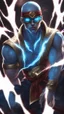 Placeholder: Lee Sin from League of Legends God of Thunder, blue glowing thunder, Blindfold on the eye