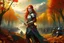 Placeholder: Painting of serious Redhead young woman fantasy queen with her sword and her army in autumn in a hill