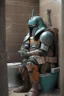 Placeholder: The Mandalorian sitting on a toilet