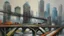 Placeholder: bridge over a city with buildings under construction, large scale scene, cityscape, overpasses, contemporary art