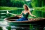 Placeholder: shot from front ,green field and wild flower field ,(A German beauty , with a melon seed face and wearing a blue camisole long skirt. She has a slender figure, beautiful makeup, and elegant temperament sitting in a boat and movin her hands as if she is dancing while sitting in boat in water toward camera in trees next to wavy river with clear water and nice sands in floor.camera capture from her full body front, spring blosom walking to camera ,wild flowers moving in the wind ,blue sky,moving p