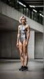 Placeholder: beautiful asian anorexic woman, total shot, short silver triathlon swimsuit, short blond wavy bob hair, blurred concrete background, grey triathlon swimsuit