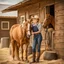 Placeholder: Beautiful blonde female farmer on a horse farm in Texas wearing tight denim overalls and wearing cowboy boots holding a horse's front leg and shoeing a hoof, surrounded by a wooden fence yard and bales of hay and hay, in the background of a typical ranch house