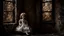 Placeholder: an old, dirty, worn (porcelain doll sitting in a beautiful lace dress) in a broken, dirty window, spiderweb, abandoned old room, dark surreal atmosphere, dull lights, dark colors sinister , surrealism, matte background