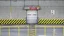 Placeholder: wall design for parking garage, concrete, yellow painted hazard lines, weathering and water stains, in middle is a steel man-door to a stairway, with a sign is above. rough painted hashmarks and parking lines, add signage found in a parking garage.