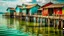 Placeholder: Traditional multi-colored stilt houses floating on crystal-clear turquoise waters, weathered wooden walkways connecting the houses like a web of water, fishing boats moored between barnacle-covered stilts, clothes hanging on the line fluttering in the sea breeze, sunset reflections on the calm waters, ethnographic photography style