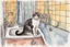 Placeholder: Cat on the boiler in the bathroom, watercolor and ink