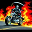 Placeholder: occultic Grim Reaper with scythe on a Harley chopper with high handlebars speeding down a surreal burning highway, dark velvet poster, dramatic, horror poster, sinister, dark neon colors, fantastical, by Ed Big Daddy Roth