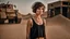 Placeholder: beautiful anorexic caucasian female technician, black tank top, well toned muscles, weathered face, scratched sand camo metal details, short brunette wavy bob haircut, dystopian, desert scene, using a handheld sensor