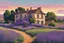 Placeholder: museum quality color woodcut landscape of a fanciful 18th century ramshackle French country farmhouse nestled amidst the lavender fields of Provence, on a blissful summer morning, in the style of Gustave Baumann, with a fine art aesthetic, highly detailed, finely cut ,8k render, soft early summer colors