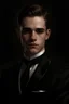 Placeholder: Ein Porträt von einem Prinzen mit kurzen, dunklen Haaren und silbernen Augen. Er trägt einen schwarzen Anzug mit einem schwarzen Hemd mit Manschettenknöpfen.