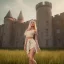 Placeholder: A photo realistic portrait of a stunning blonde, girl standing in front of a medieval castle