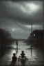 Placeholder: young boy beside man asleep on beach, dark storm clouds overhead, gloomy, bleak, shopping trolley on side, dusk. the road cormac mccarthy