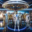 Placeholder: (masterpiece, best quality, 8k, RAW photo, beautiful and aesthetic:1.2), complex detail, Indirect light, photorealistic, (((full body))), Meeting of a group of Cosmic male gods smiling, Mixed, sci-fi and cyborg outfit with golden futuristic artifacts, white, blue and silver elements- Inside a great room of a flying saucer with a round hublot showing a galactic sunset
