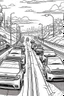 Placeholder: Outline art, no shading, cars on the road, cartoon style, black and white, low detail, --ar 9:11