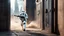Placeholder: [sci-fi futuristic action movie photo] a dusty stormtrooper escaping from a rebel jail, he is on the doorstep, laser bars on the door, in the shadow of the doorstep, the cityscape behind