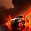 Placeholder: sweeping view of detailed phong shaded rendering of a car made of only molten lava, headlights, bumpers, whole car is lava