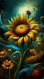 Placeholder: A beautiful colorful sunflower on a white flower Bosch painting style nightmare