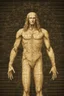 Placeholder: Human – Language – Computer. Leonardo da Vinci's Vitruvian man against the background of the matrix and the crumbling ones and zeroes. close-up of the surrounding area. Solid science fiction, high resolution