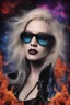 Placeholder: head and shoulders image, Zebulan Lanuzeb - Kiss Me Deadly - Reptilian-skinned - Ray-Ban sunglasses - Motley Crue - gothic pale-skinned vampire, fire and multicolored electrified cosmic clouds, Professional quality Photograph by Hoy Tung lu- Multicolored lightning -a smiling, long, blonde hair, blue eyes, goth makeup, black leather biker's jacket, black leather pants, combat boots, black fingerless gloves, sitting on in the forest next to a fire,