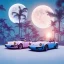 Placeholder: 1980's aesthetic artwork vaporwave palm trees with lighting with moon with porsche in the winter snow