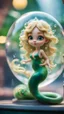 Placeholder: portrait of tiny green mermaid snake winged fairy with blonde swirly hair completly inside crystal ball bubble at the train station under waterfall,bokeh like f/0.8, tilt-shift lens 8k, high detail, smooth render, down-light, unreal engine, prize winning