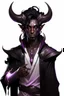 Placeholder: En Young male Black skin black hair tiefling Wizard with large Black horns with a bit of Purple horns same size going from the front to the back. glowing Silver and White symbols