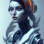 Placeholder: A beautiful portrait of a cute cyberpunk woman facing camera orange color scheme, high key lighting, volumetric light high details with white stripes and feathers