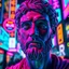 Placeholder: A close up of cyberpunk futuristic Marcus Aurelius with a hopeful facial expression but still relaxed face. The scene is illuminated by neon lights in bright, saturated colors like electric blue, neon pink, and vivid purple. The background is a blurred cityscape filled with glowing signs and holograms, adding to the cyberpunk atmosphere