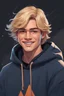 Placeholder: smiling blonde male teenager with freckles and shoulder length hair wearing a navy blue hoodie, jeans and a black t-shirt, simple background, cartoon fantasy oil painting style, 80's