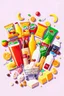 Placeholder: A design filled with various fruit juices, chips, Fanta, Coca-Cola, Sprite, various chocolates, shopping carts, cheese, butter, pasteurized milk, and dairy products in bright, cheerful, and eye-catching colors.