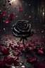 Placeholder: image of a black rose, petals are falling to the ground, each petal has a cinematic scene on it like an old cinema movie scene, one of a fighting couple, the other of them laughing, a third one of a girl crying, the theme is built around the picking of petals while saying he loves me, he loves me not, cinematic lighting, 8k highly detailed, surreal and striking