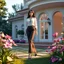 Placeholder: a fahion model beautiful lady with modern clothing modern high heels and makeup is walking in yard of a luxury villa next to flowers. High-quality CGI, octane render, 8k resolution, whimsical, adorable, clean composition. long shot ,4:3